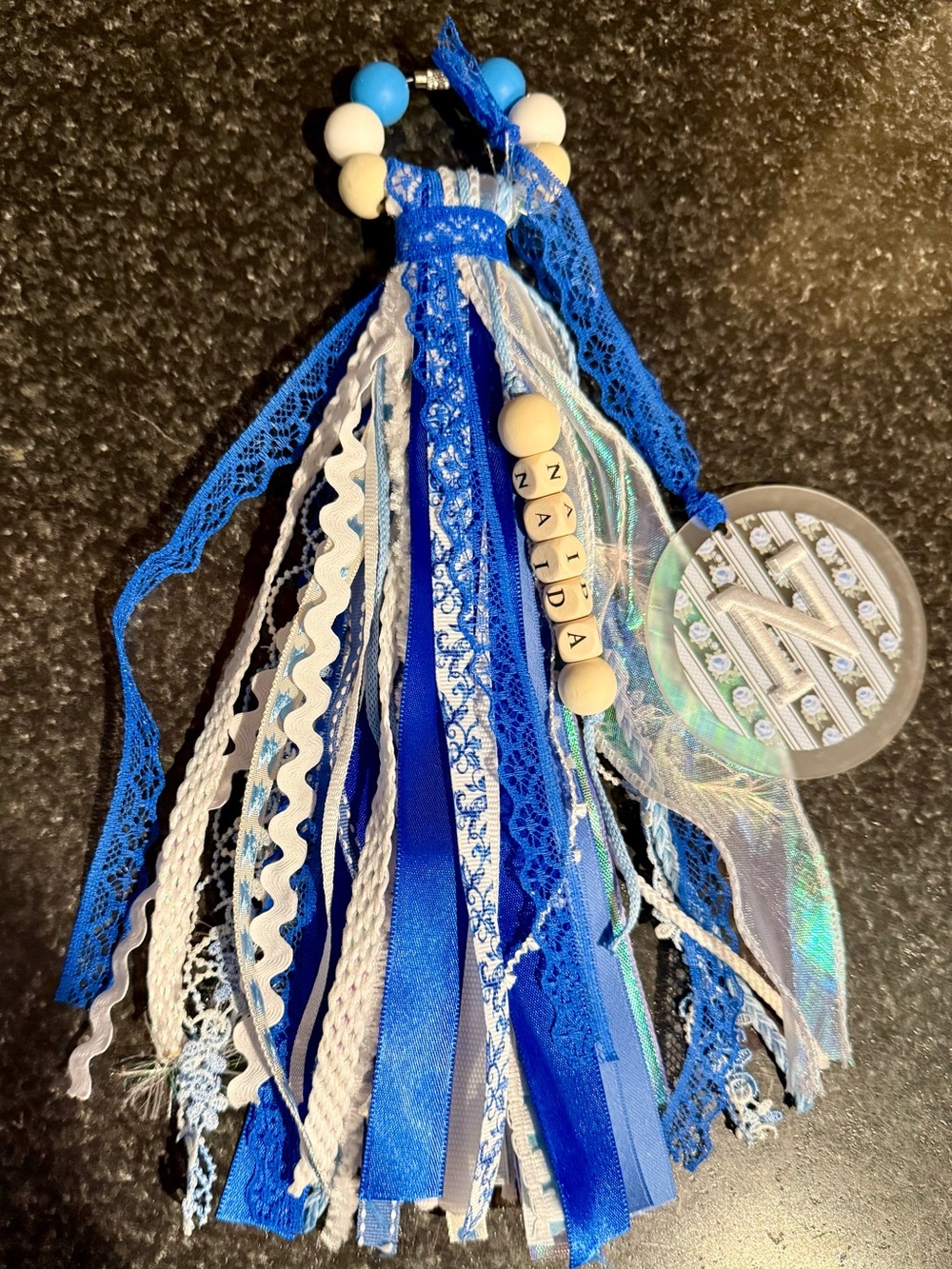 Blue and White Ribbon Tassel Keychain with Bead Name